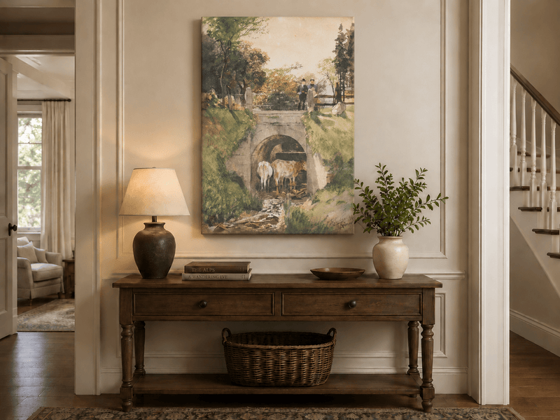 Landscape Oil Painting - Stone Bridge, Cattle and Country Stream