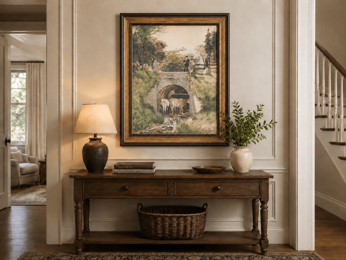 Landscape Oil Painting - Stone Bridge, Cattle and Country Stream