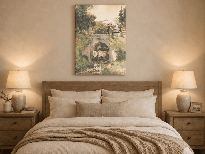 Landscape Oil Painting - Stone Bridge, Cattle and Country Stream