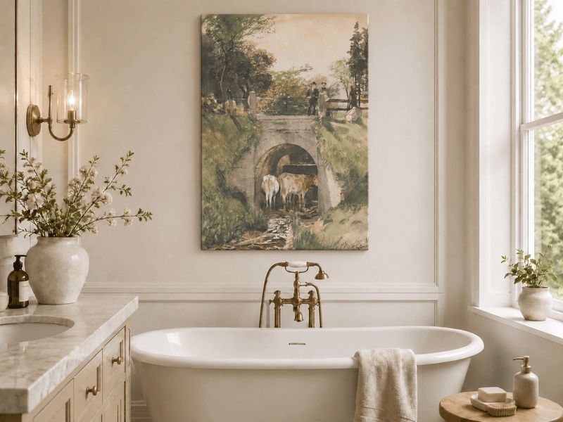 Landscape Oil Painting - Stone Bridge, Cattle and Country Stream