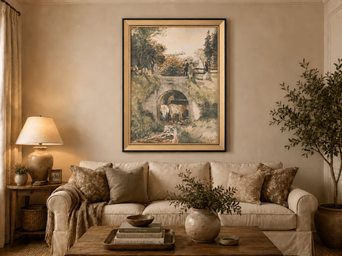 Landscape Oil Painting - Stone Bridge, Cattle and Country Stream