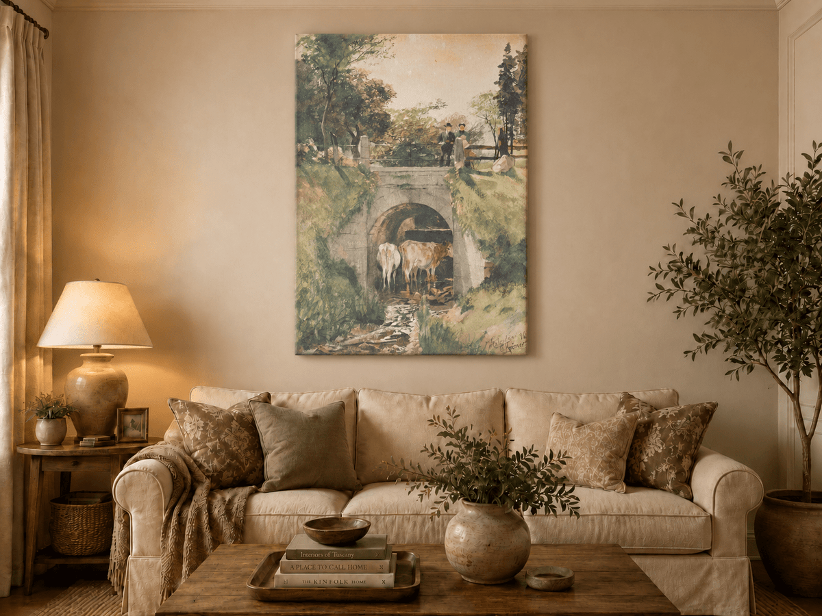 Landscape Oil Painting - Stone Bridge, Cattle and Country Stream