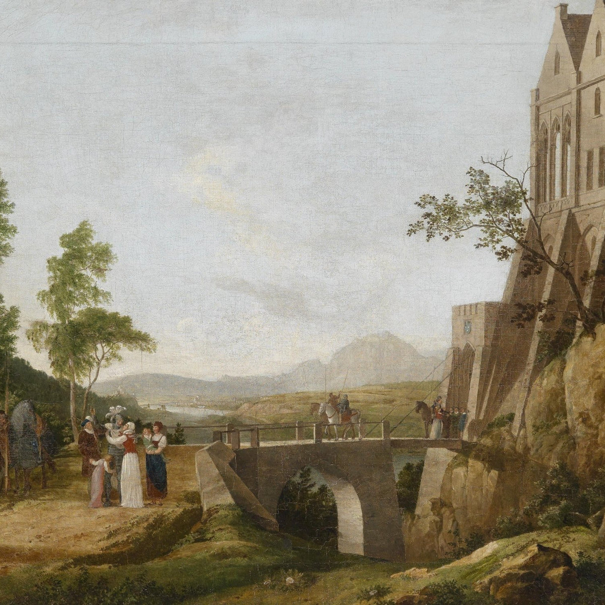 Landscape Oil Painting - Stone Bridge & Cliff Building, Crowds, Horses - Oil Painting Haven