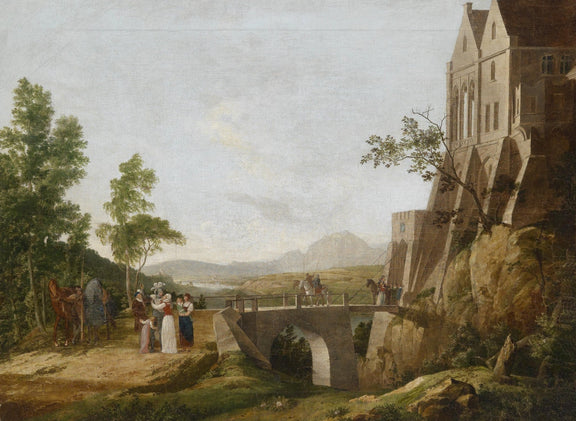 Landscape Oil Painting - Stone Bridge & Cliff Building, Crowds, Horses - Oil Painting Haven