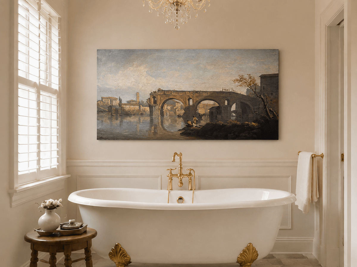 Peinture à l'huile de paysage - Gouffre rocheux spectaculaire avec personnages