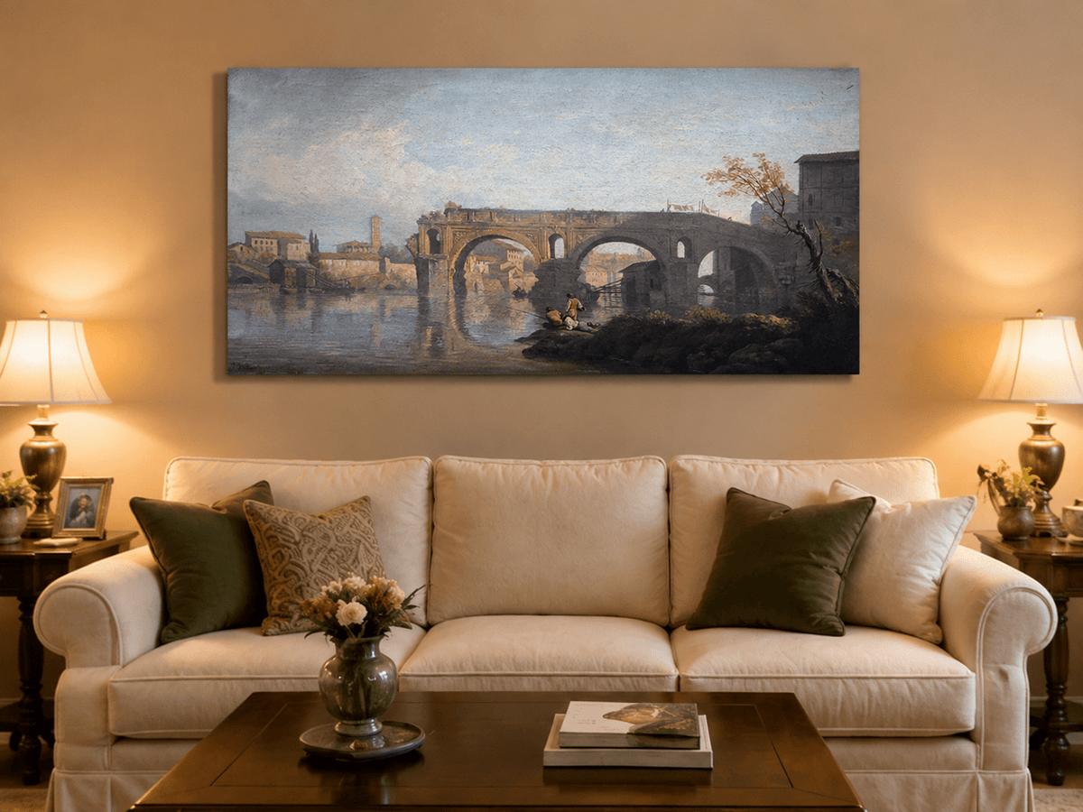 Peinture à l'huile de paysage - Gouffre rocheux spectaculaire avec personnages
