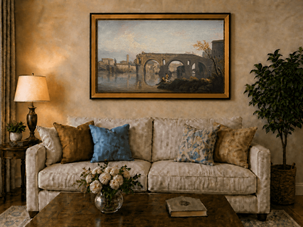 Peinture à l'huile de paysage - Gouffre rocheux spectaculaire avec personnages