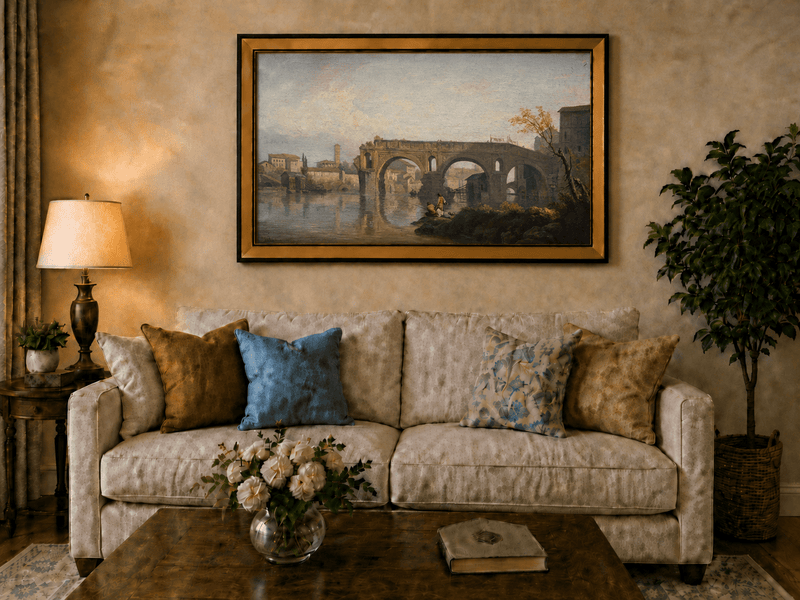 Peinture à l'huile de paysage - Gouffre rocheux spectaculaire avec personnages