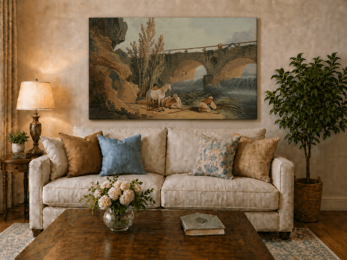 Pintura al óleo de paisaje - Puente de piedra sobre el río, pastor y caballo