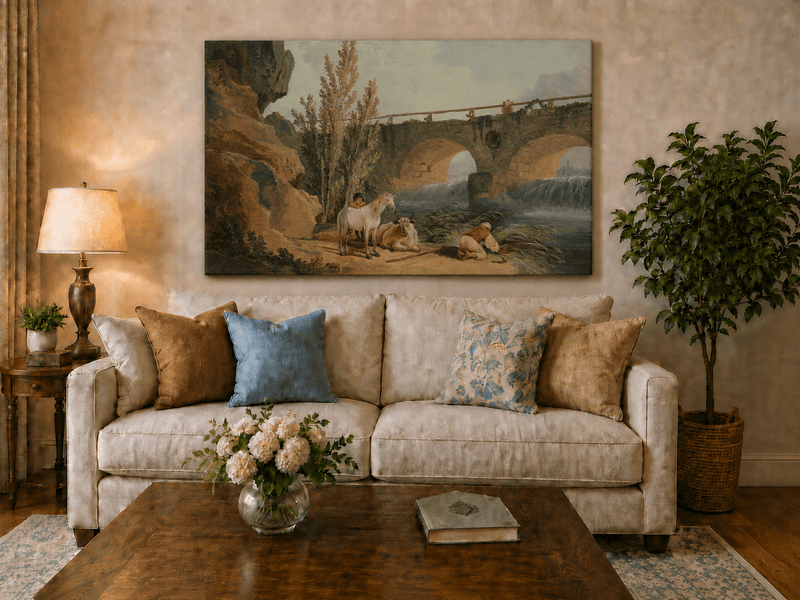 Pintura al óleo de paisaje - Puente de piedra sobre el río, pastor y caballo