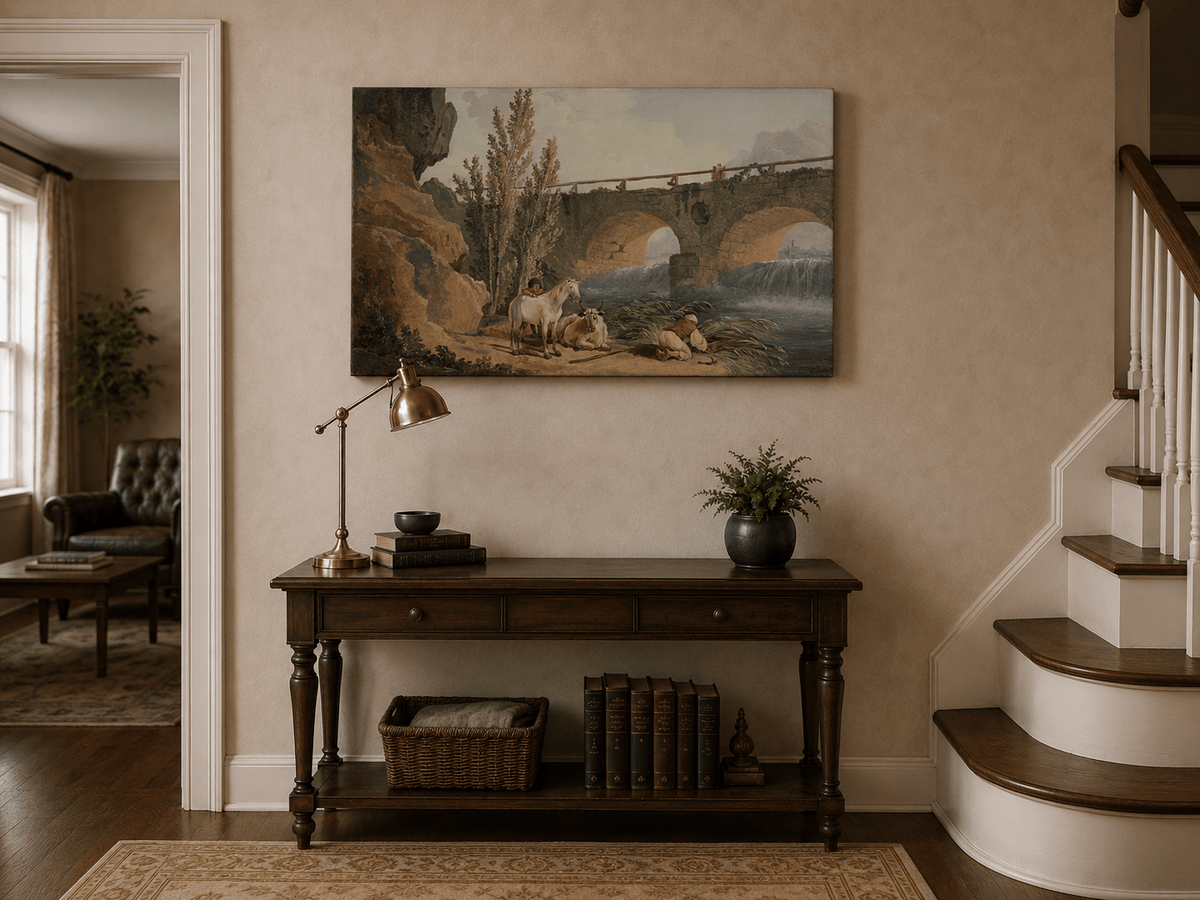 Pintura al óleo de paisaje - Puente de piedra sobre el río, pastor y caballo