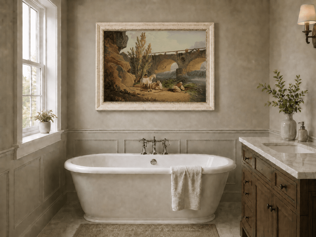Pintura al óleo de paisaje - Puente de piedra sobre el río, pastor y caballo
