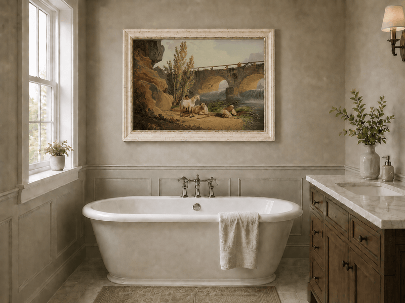Pintura al óleo de paisaje - Puente de piedra sobre el río, pastor y caballo