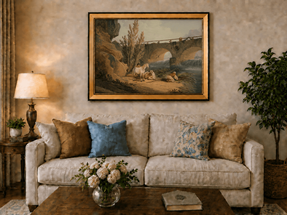 Pintura al óleo de paisaje - Puente de piedra sobre el río, pastor y caballo