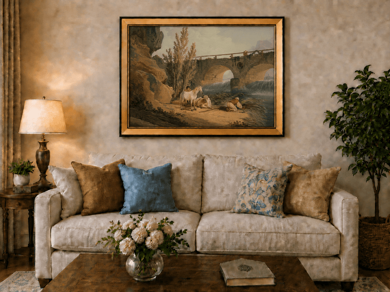 Pintura al óleo de paisaje - Puente de piedra sobre el río, pastor y caballo