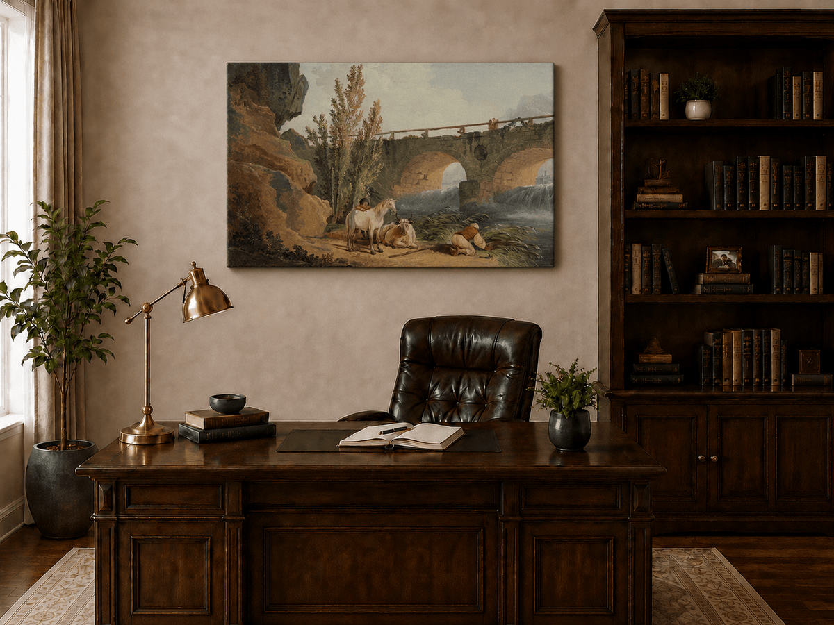 Pintura al óleo de paisaje - Puente de piedra sobre el río, pastor y caballo