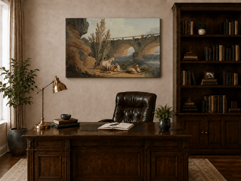 Pintura al óleo de paisaje - Puente de piedra sobre el río, pastor y caballo