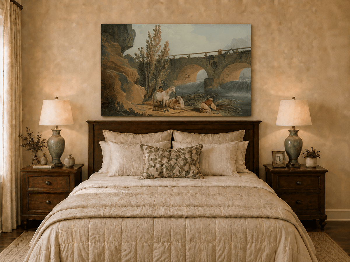 Pintura al óleo de paisaje - Puente de piedra sobre el río, pastor y caballo