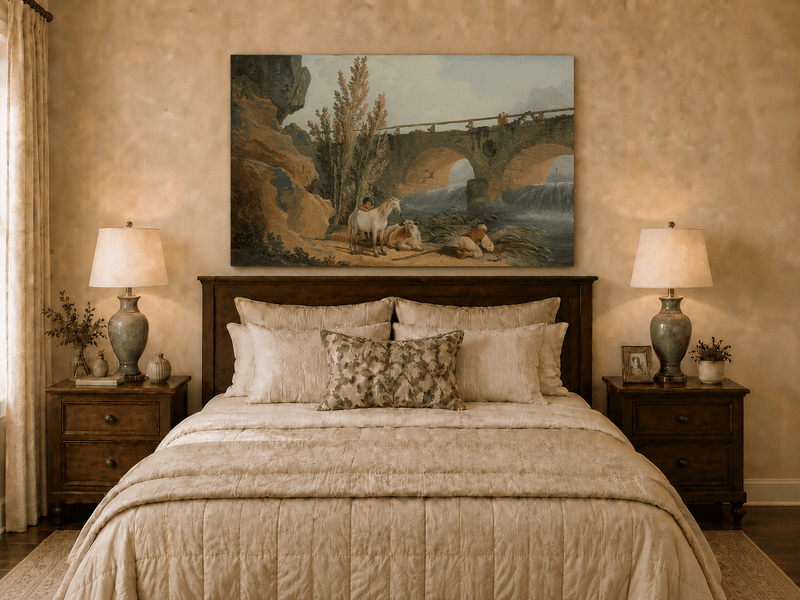 Pintura al óleo de paisaje - Puente de piedra sobre el río, pastor y caballo