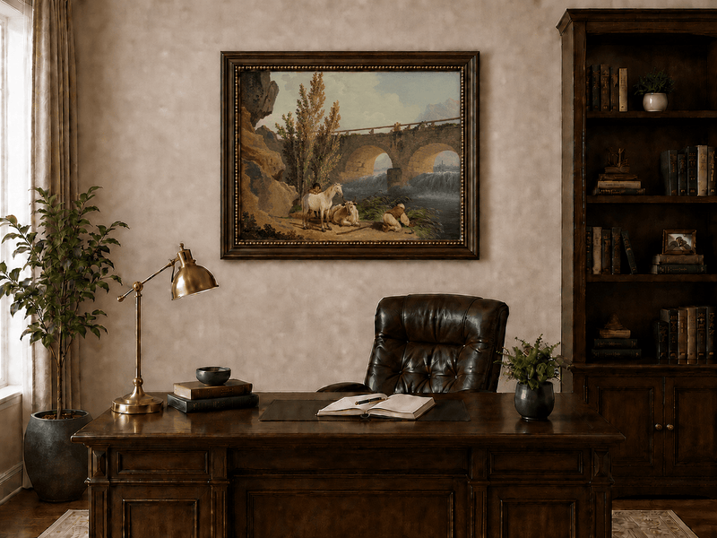 Pintura al óleo de paisaje - Puente de piedra sobre el río, pastor y caballo