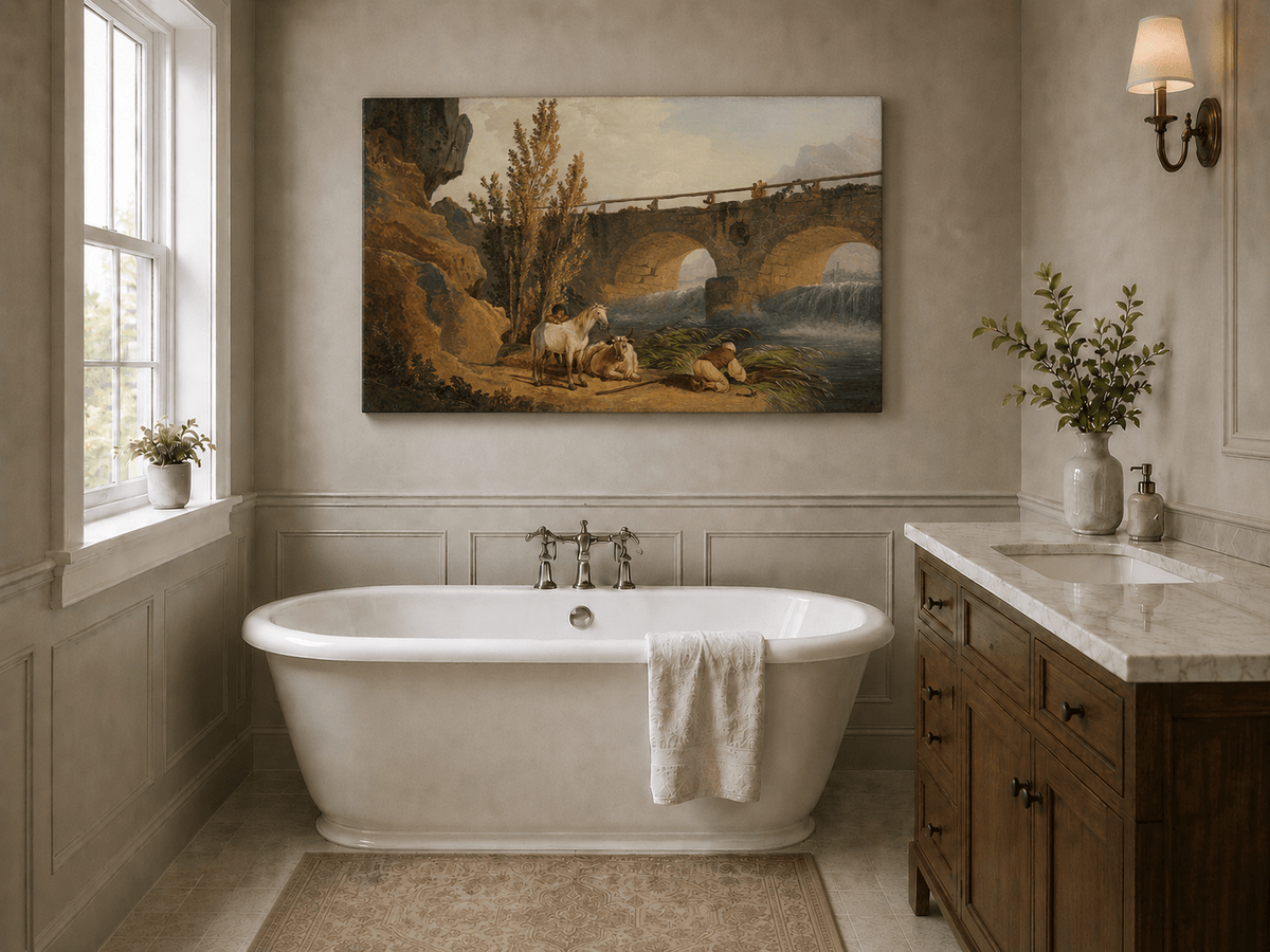 Pintura al óleo de paisaje - Puente de piedra sobre el río, pastor y caballo
