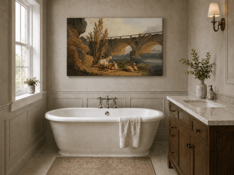 Pintura al óleo de paisaje - Puente de piedra sobre el río, pastor y caballo