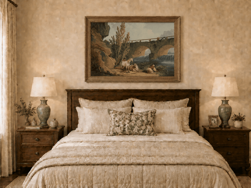Pintura al óleo de paisaje - Puente de piedra sobre el río, pastor y caballo