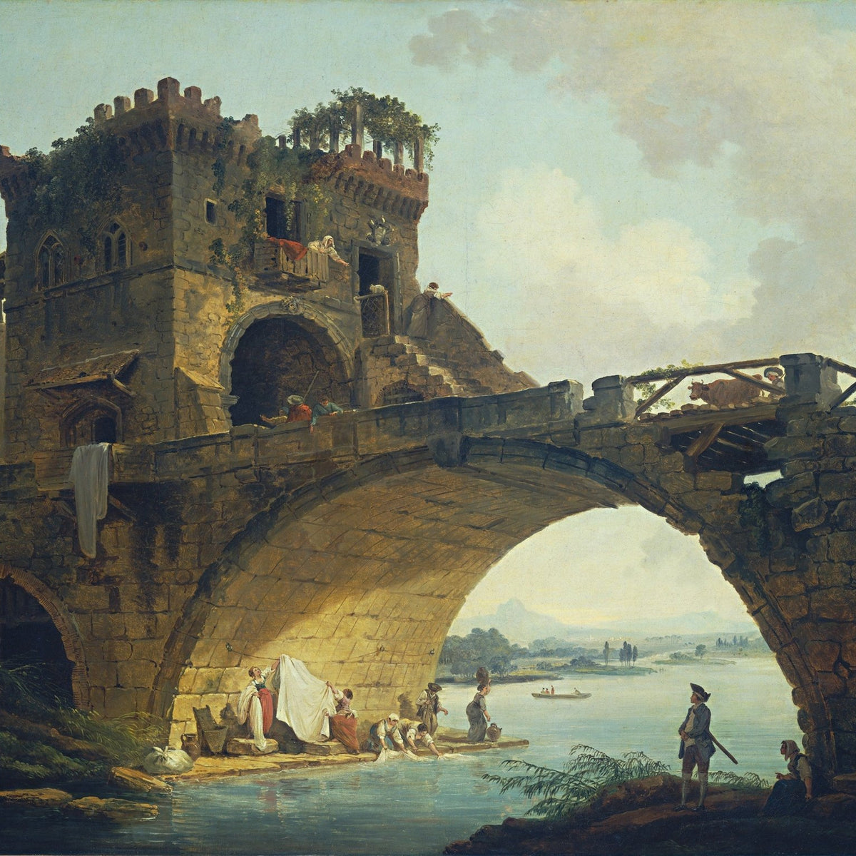 Landscape Oil Painting - Stone Bridge with Figures by River - Oil Painting Haven