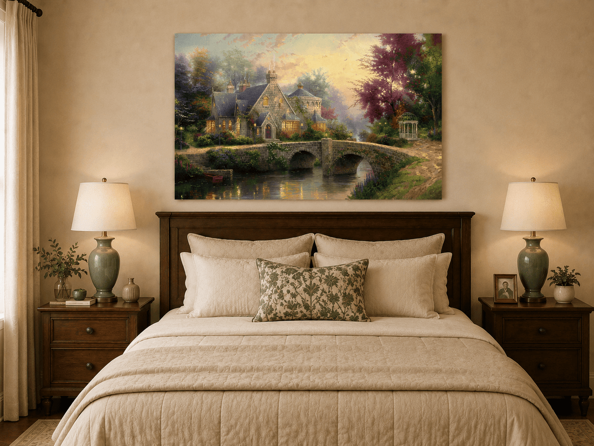 Landscape Oil Painting - Stone House with Bridge & River