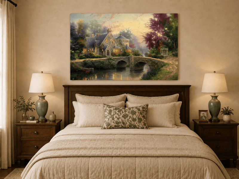 Landscape Oil Painting - Stone House with Bridge & River