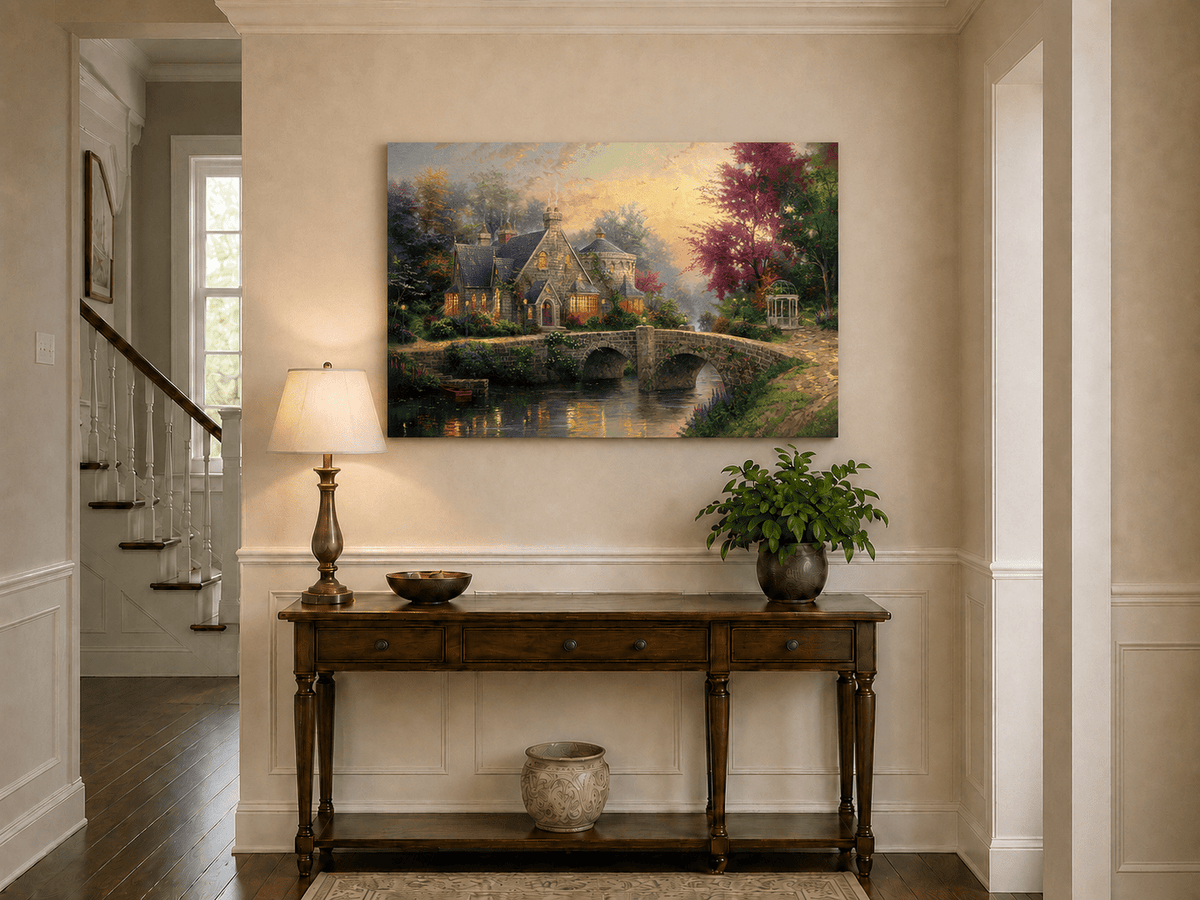 Landscape Oil Painting - Stone House with Bridge & River