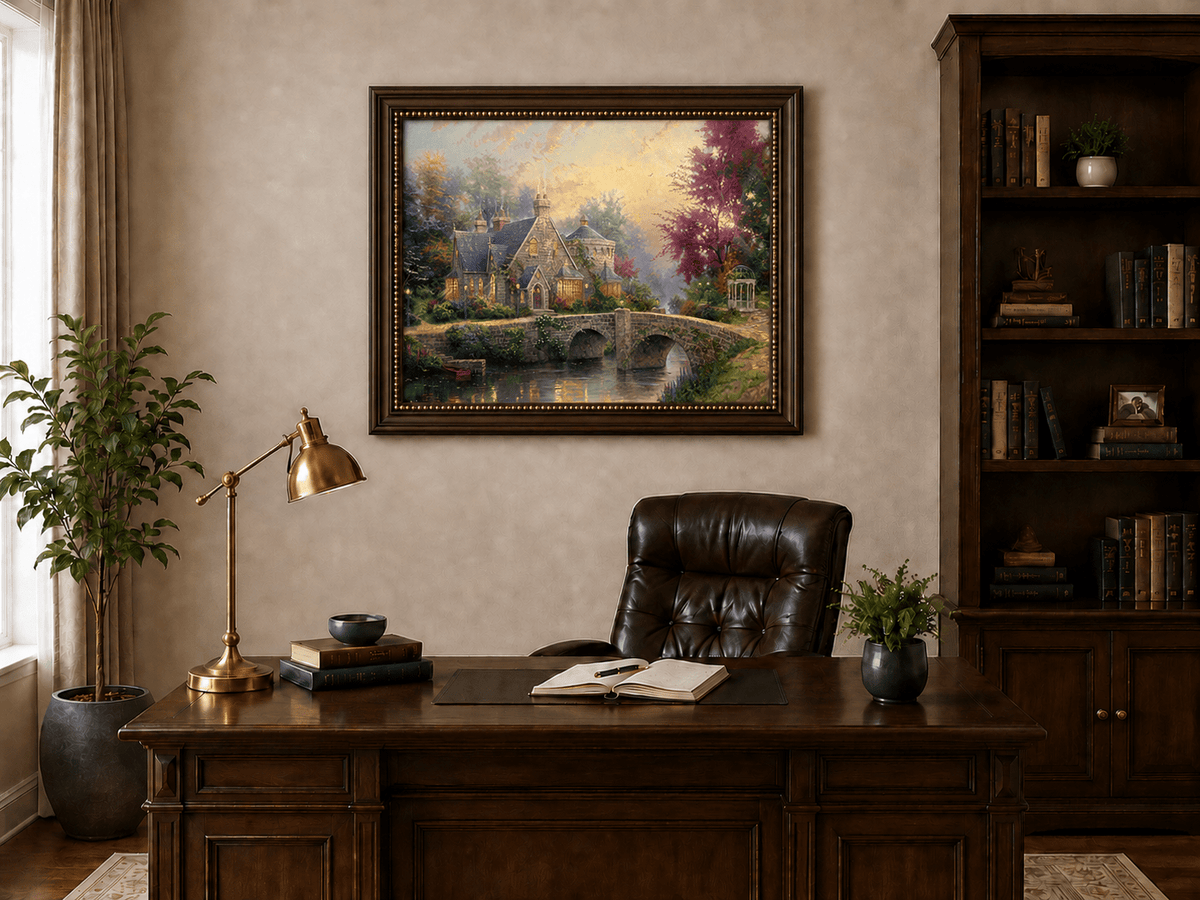 Landscape Oil Painting - Stone House with Bridge & River