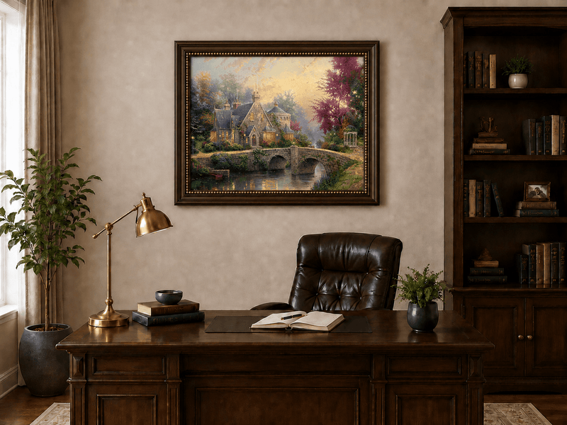 Landscape Oil Painting - Stone House with Bridge & River