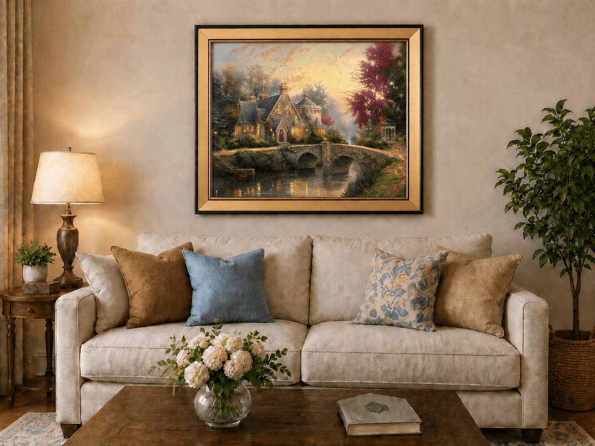 Landscape Oil Painting - Stone House with Bridge & River