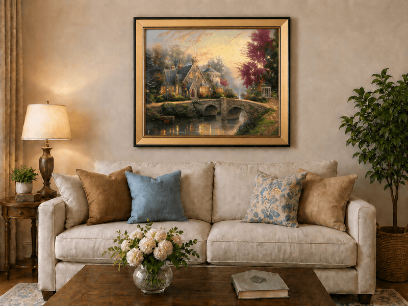 Landscape Oil Painting - Stone House with Bridge & River