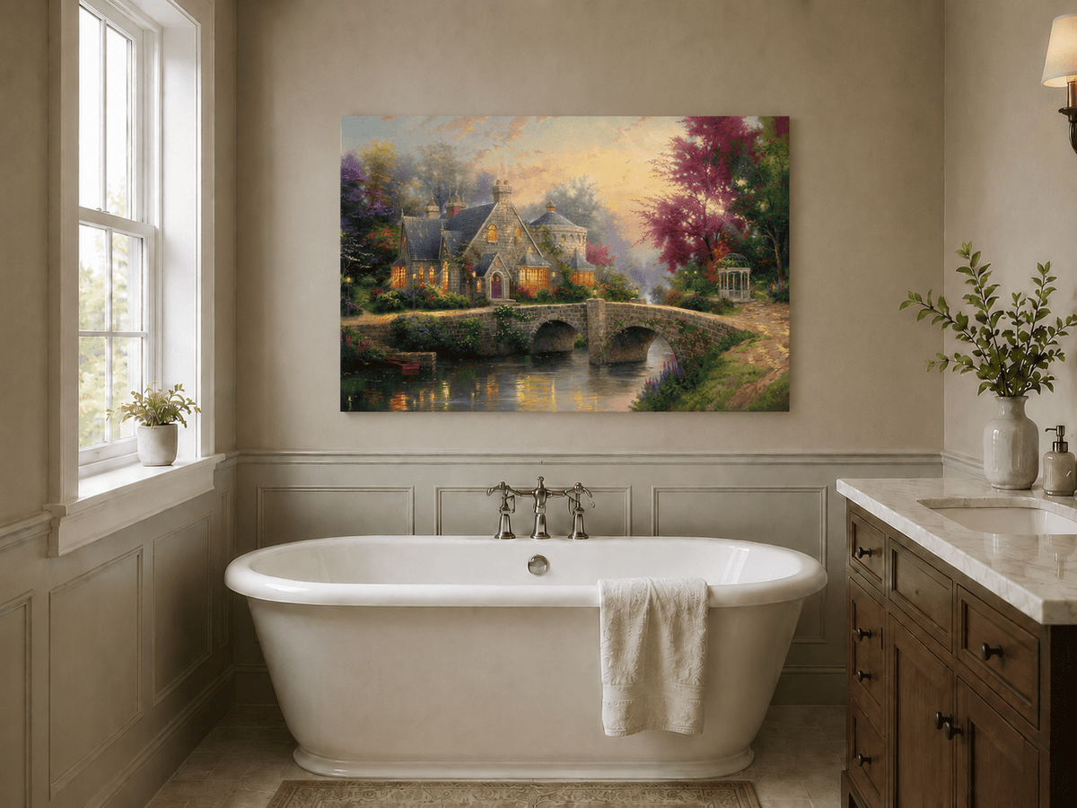 Landscape Oil Painting - Stone House with Bridge & River