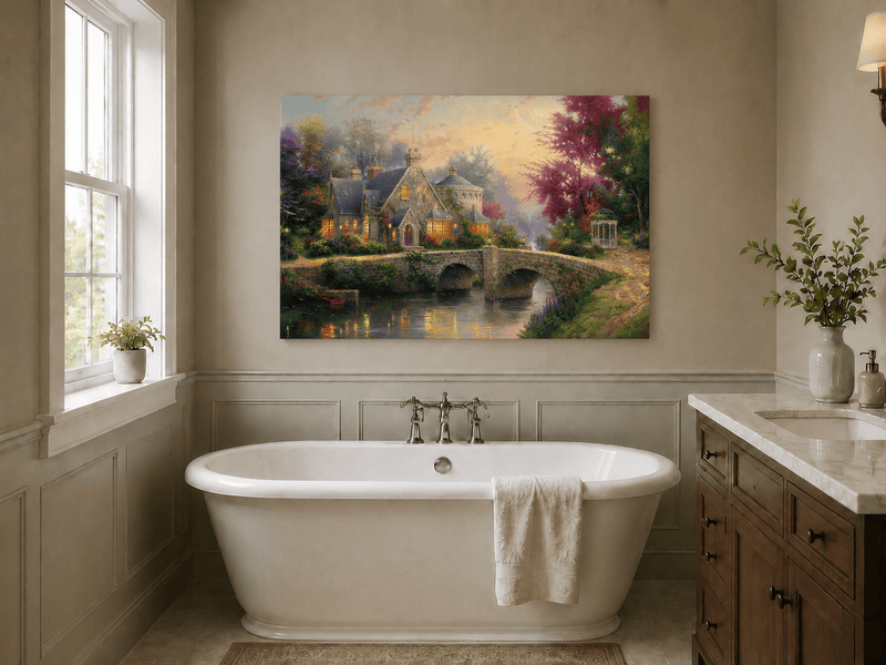 Landscape Oil Painting - Stone House with Bridge & River