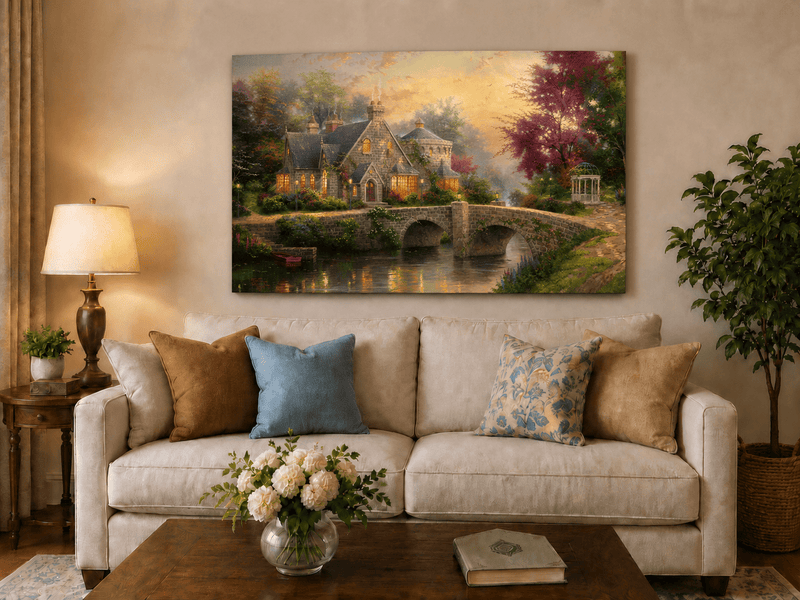 Landscape Oil Painting - Stone House with Bridge & River