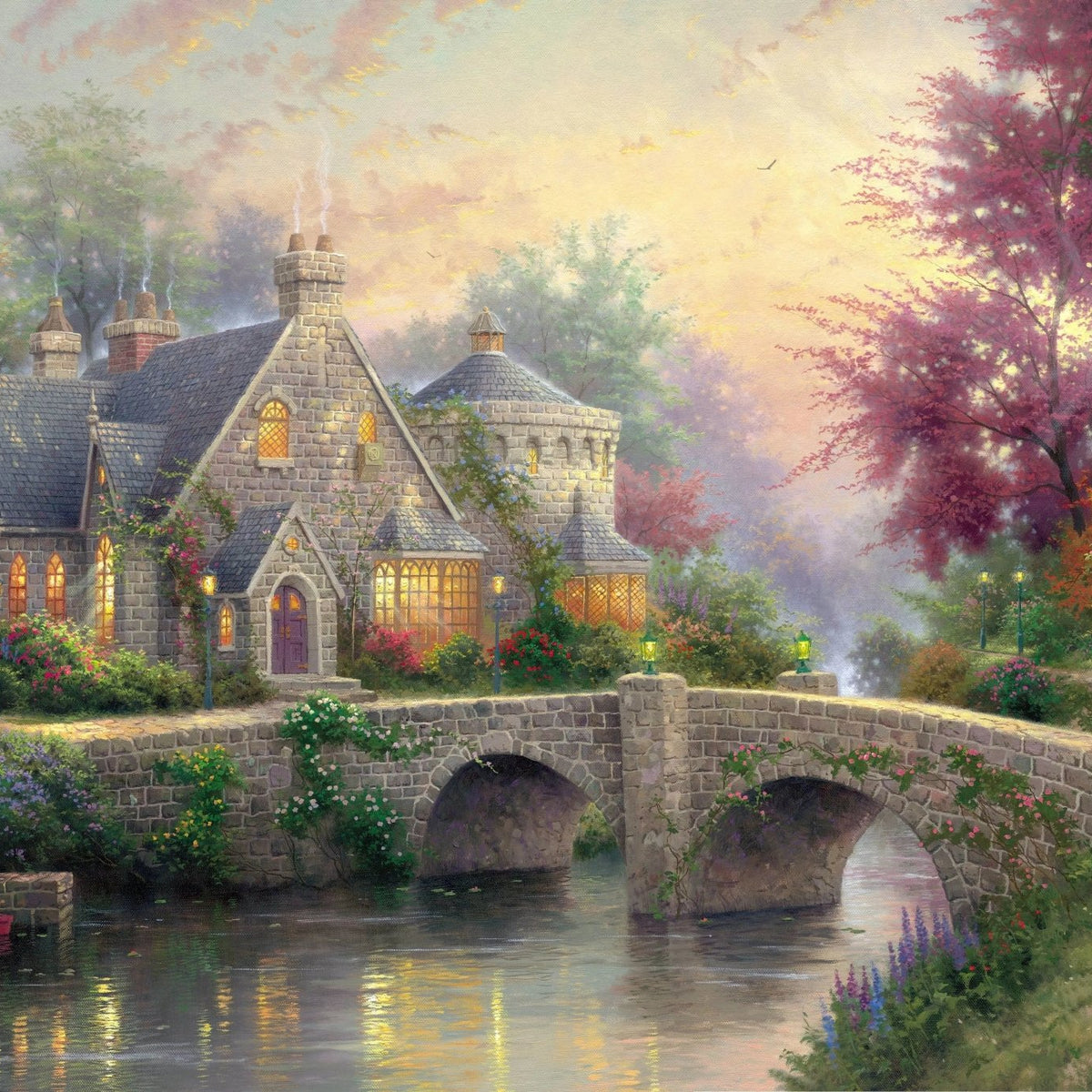 Landscape Oil Painting - Stone House with Bridge & River - Oil Painting Haven