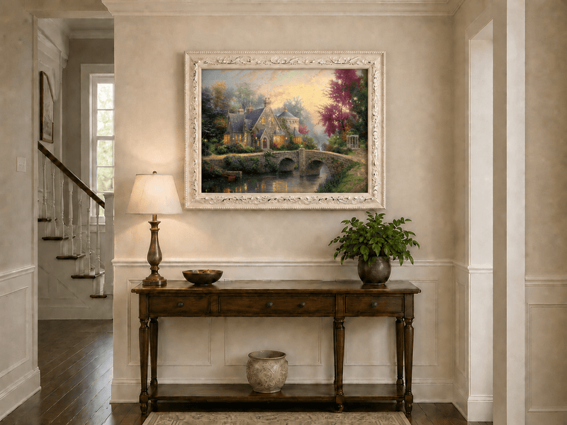 Landscape Oil Painting - Stone House with Bridge & River