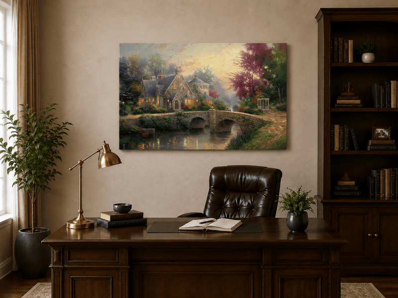 Landscape Oil Painting - Stone House with Bridge & River