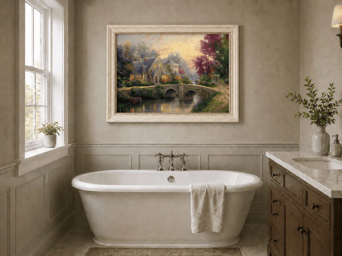 Landscape Oil Painting - Stone House with Bridge & River