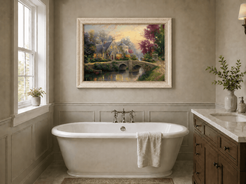 Landscape Oil Painting - Stone House with Bridge & River