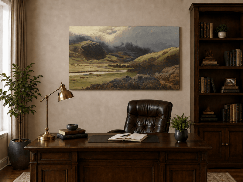 Landscape Oil Painting - Storm Clouds Over Highland Valley Cattle