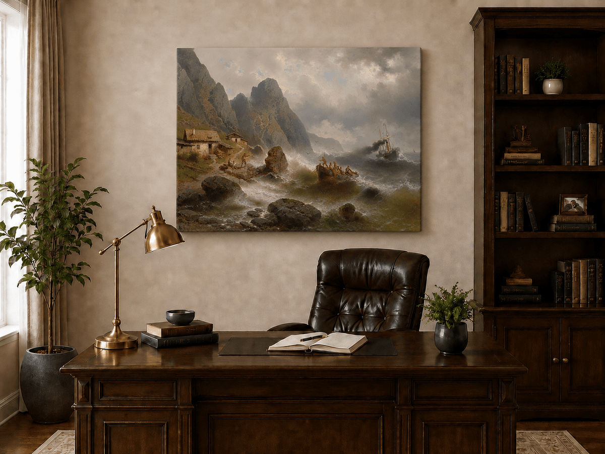 Landscape Oil Painting - Stormy Coast Fishermen | Hand-Painted