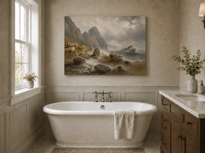 Landscape Oil Painting - Stormy Coast Fishermen | Hand-Painted