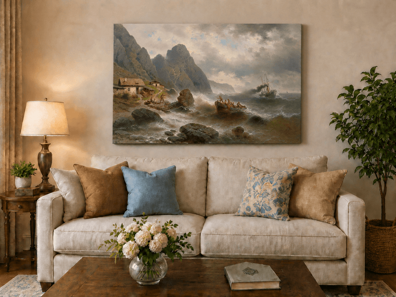 Landscape Oil Painting - Stormy Coast Fishermen | Hand-Painted