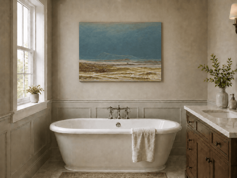 Landscape Oil Painting - Stormy Coastal Dunes, Distant Mountains