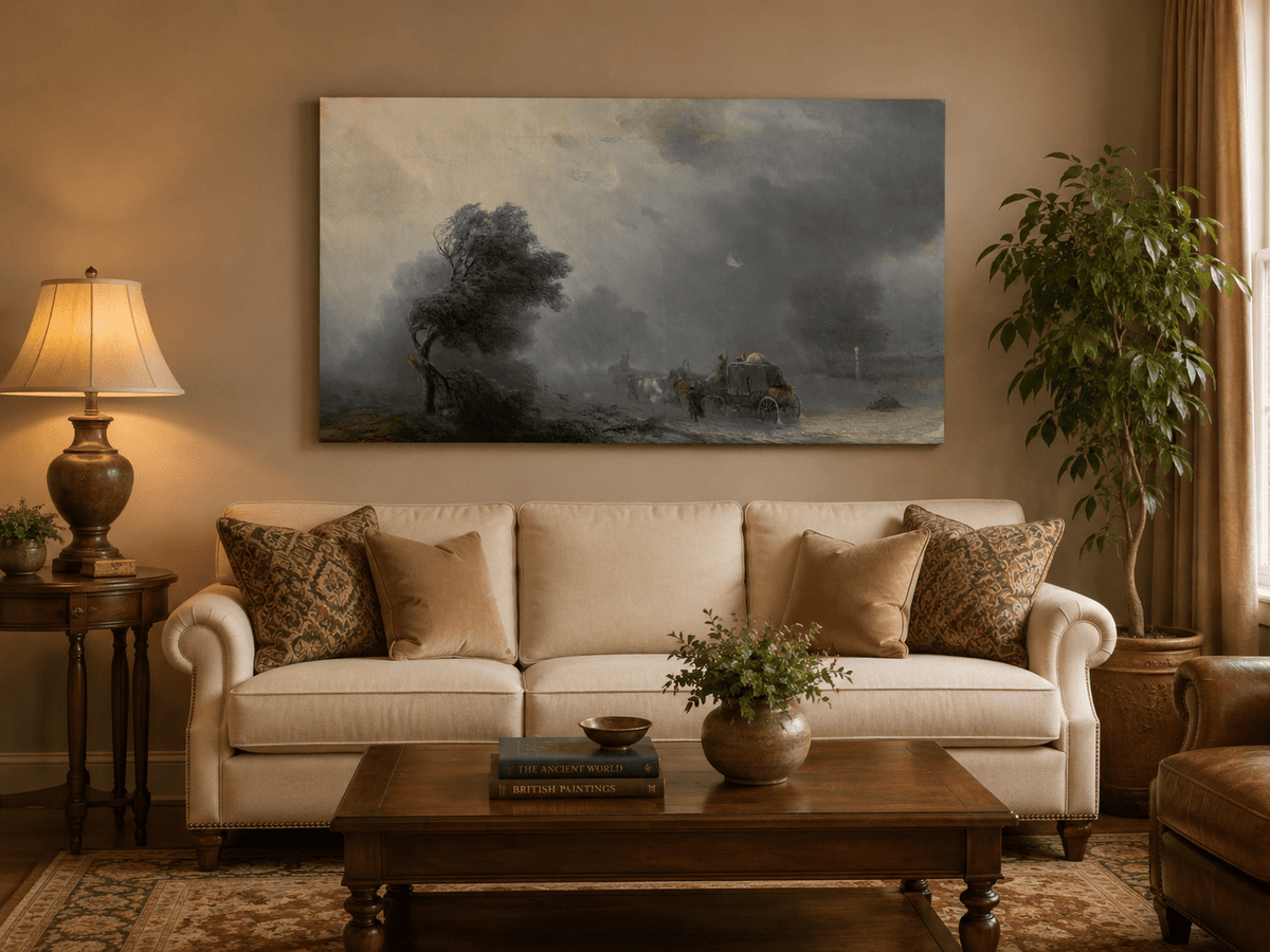 Landscape Oil Painting - Stormy Countryside Road Horse Carriage