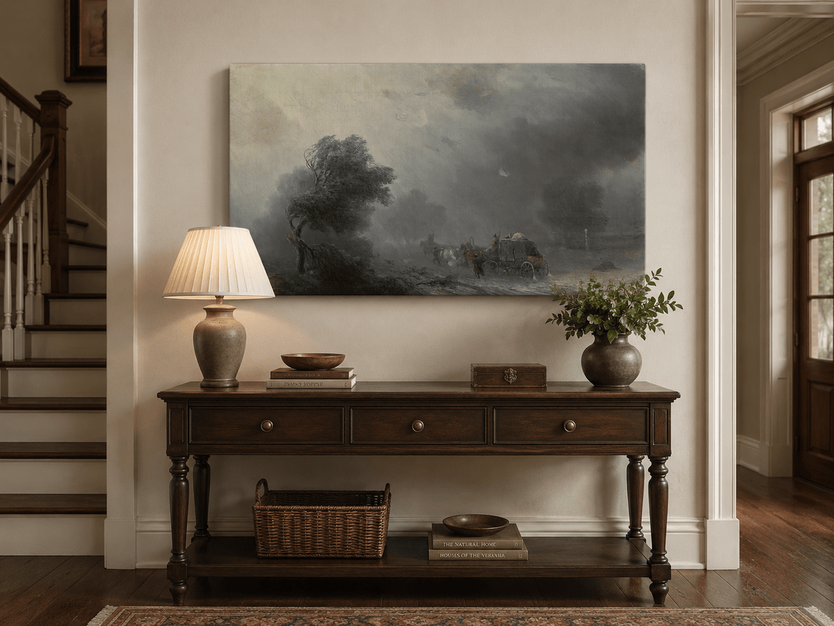 Landscape Oil Painting - Stormy Countryside Road Horse Carriage
